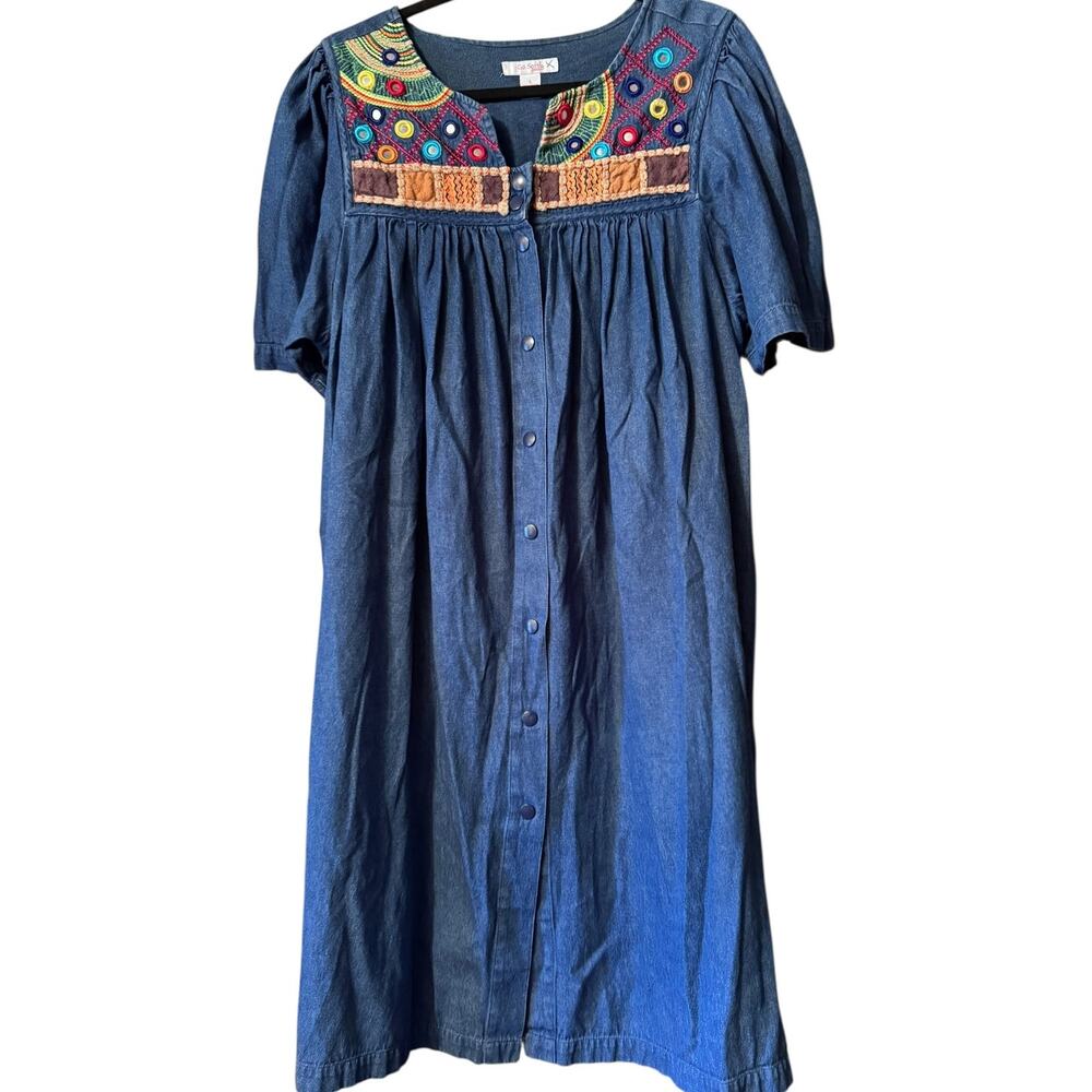 Go Softly Patio dress Button down 100% Cotton Denim L relaxed retro